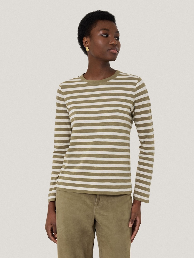 Jigsaw Green Stripe Long Sleeve 100% Cotton T-Shirt - Image 1 of 5