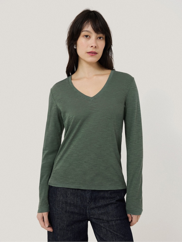 Jigsaw Green 100% Cotton Slub V-Neck T-Shirt - Image 1 of 4