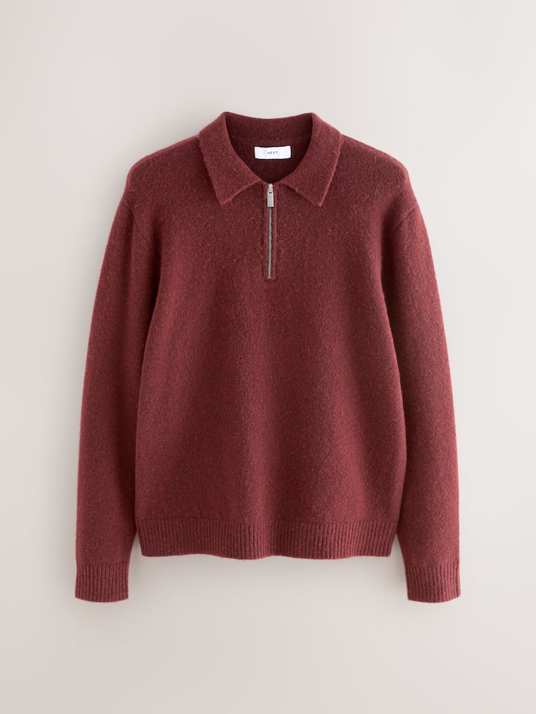 Dusky Red Zip Neck Regular Fit Cosy Knit Polo Shirt with Wool - Image 1 of 3