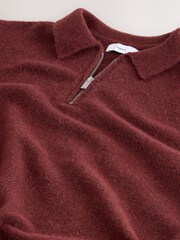 Dusky Red Zip Neck Regular Fit Cosy Knit Polo Shirt with Wool - Image 3 of 3