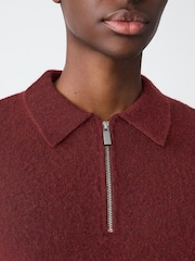 Dusky Red Zip Neck Regular Fit Cosy Knit Polo Shirt with Wool - Image 4 of 7