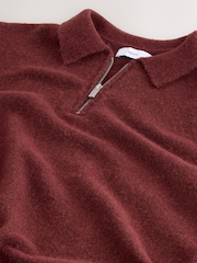 Dusky Red Zip Neck Regular Fit Cosy Knit Polo Shirt with Wool - Image 7 of 7