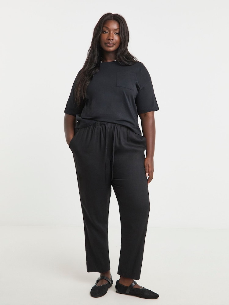 Simply Be Black Tie Waist Tapered Linen Trousers - Image 1 of 4 Simply Be Black Tie Waist Tapered Linen Trousers - Image 1 of 4