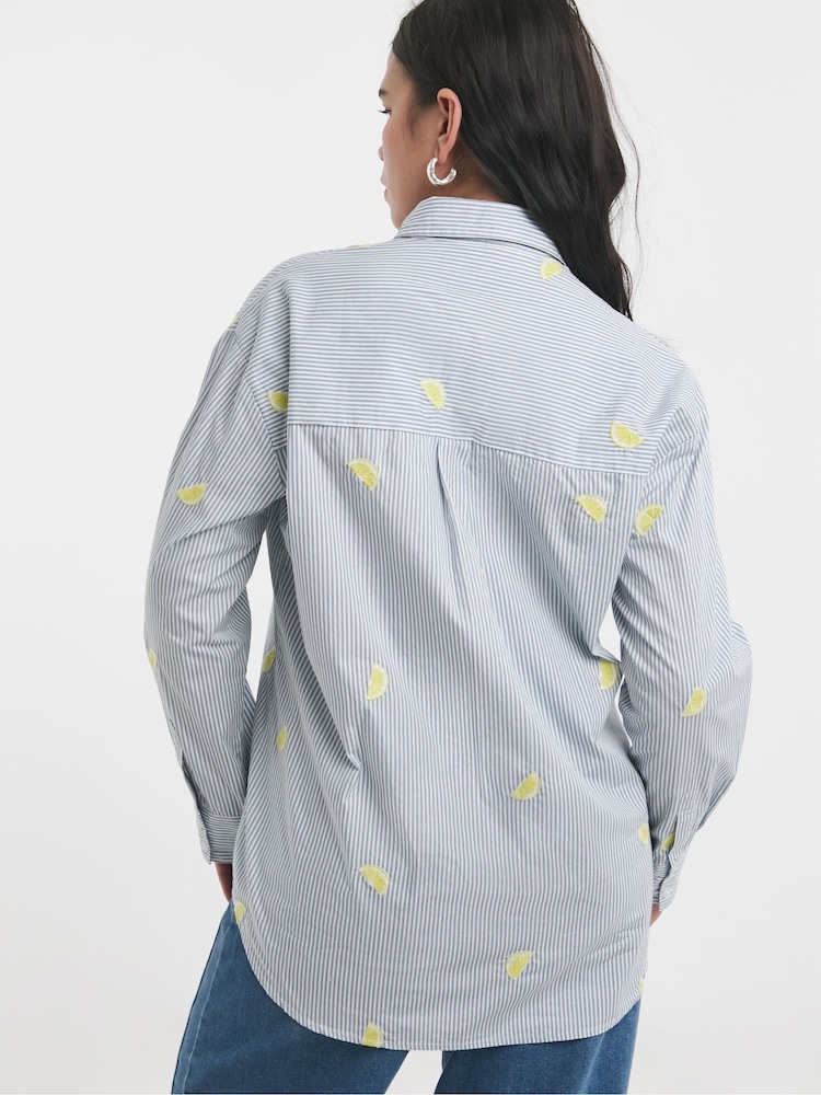 Simply Be Blue Embroidered Stripe 100% Cotton Shirt - Image 2 of 4