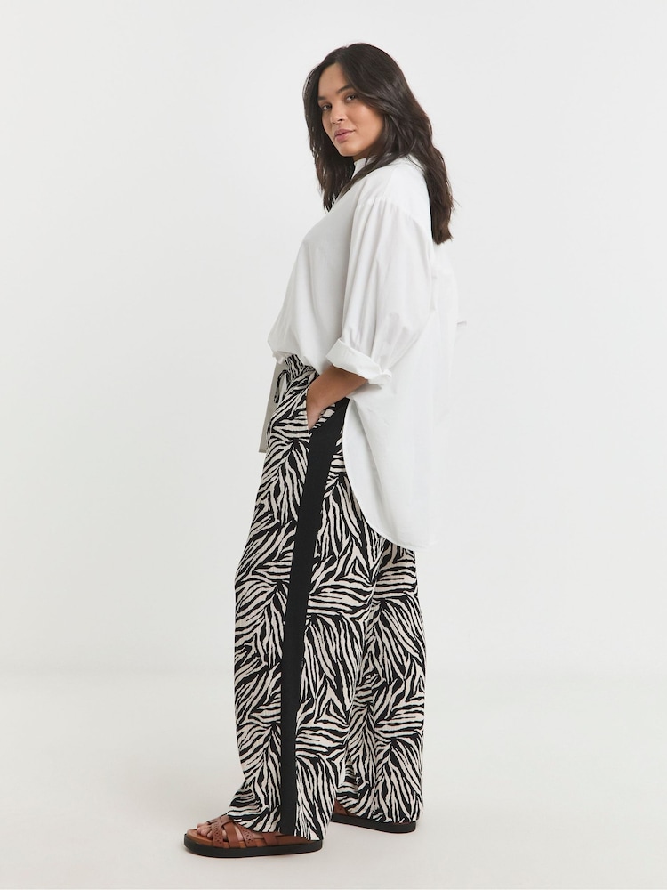 Simply Be Zebra Zebra Tie Waist Waffle Wide Leg Trousers With Side Stripe - Image 1 of 4