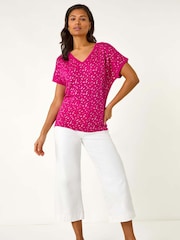 Roman Pink Foil Print V-Neck Knitted Top - Image 2 of 5