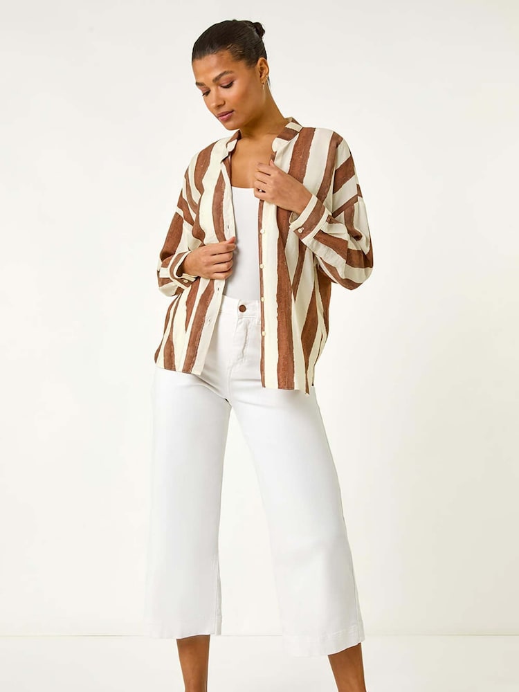 Roman Brown Stripe Print Relaxed Button Shirt - Image 2 of 5