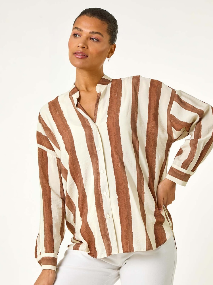 Roman Brown Stripe Print Relaxed Button Shirt - Image 4 of 5