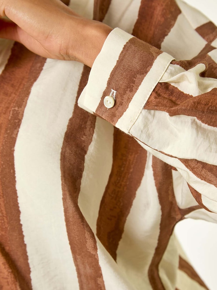 Roman Brown Stripe Print Relaxed Button Shirt - Image 5 of 5