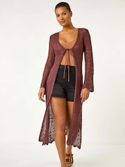 Roman Brown Longline Tie Cotton Blend Knit Cardigan - Image 1 of 5