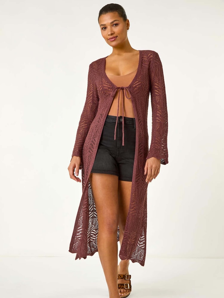 Roman Brown Longline Tie Cotton Blend Knit Cardigan - Image 1 of 5