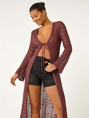 Roman Brown Longline Tie Cotton Blend Knit Cardigan - Image 2 of 5