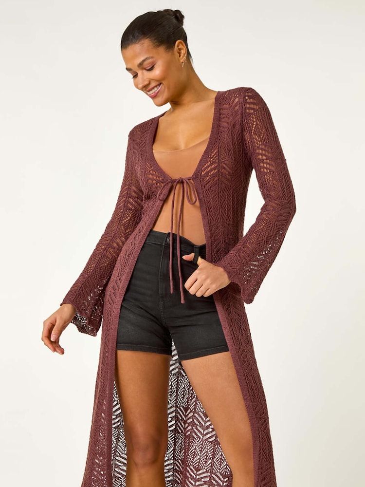Roman Brown Longline Tie Cotton Blend Knit Cardigan - Image 2 of 5