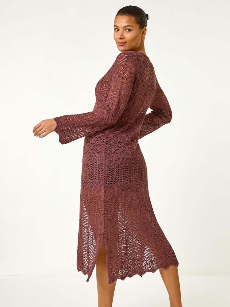 Roman Brown Longline Tie Cotton Blend Knit Cardigan - Image 3 of 5