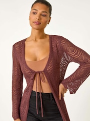 Roman Brown Longline Tie Cotton Blend Knit Cardigan - Image 4 of 5