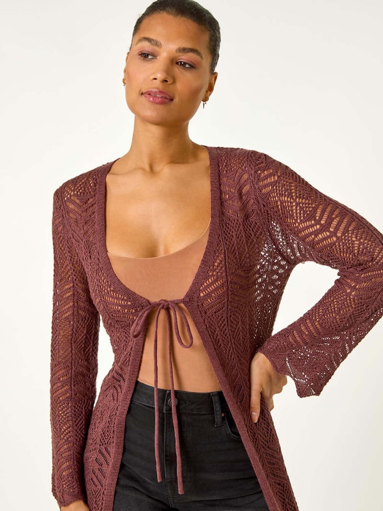 Roman Brown Longline Tie Cotton Blend Knit Cardigan - Image 4 of 5