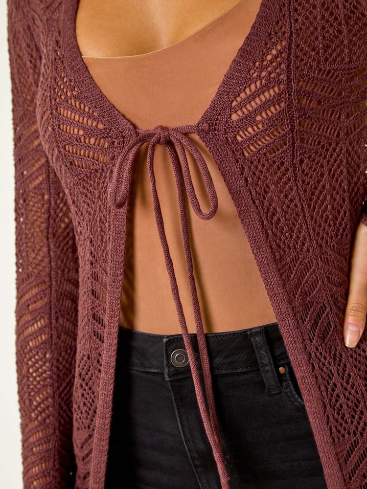 Roman Brown Longline Tie Cotton Blend Knit Cardigan - Image 5 of 5