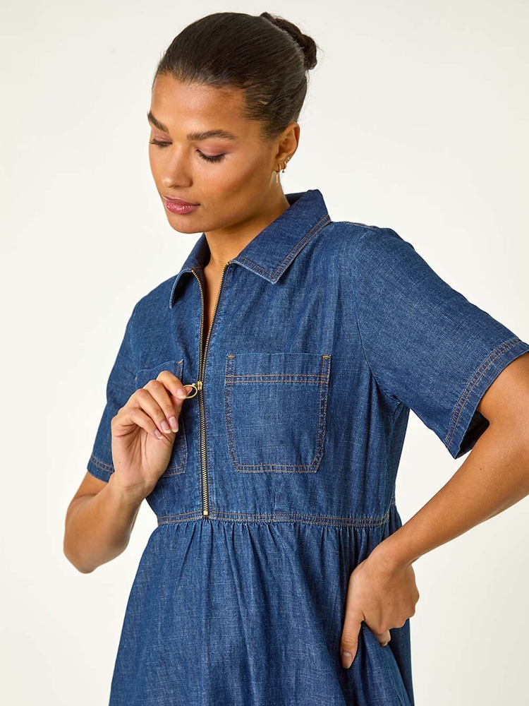 Roman Blue Denim Zip Midi Dress - Image 4 of 5