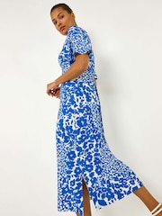 Roman Blue Floral Print V-Neck Stretch Midi Dress - Image 1 of 5