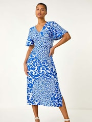 Roman Blue Floral Print V-Neck Stretch Midi Dress - Image 2 of 5