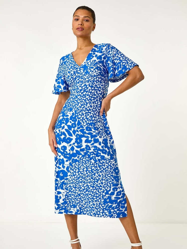 Roman Blue Floral Print V-Neck Stretch Midi Dress - Image 2 of 5