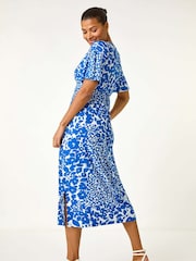 Roman Blue Floral Print V-Neck Stretch Midi Dress - Image 3 of 5