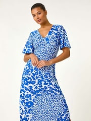 Roman Blue Floral Print V-Neck Stretch Midi Dress - Image 4 of 5