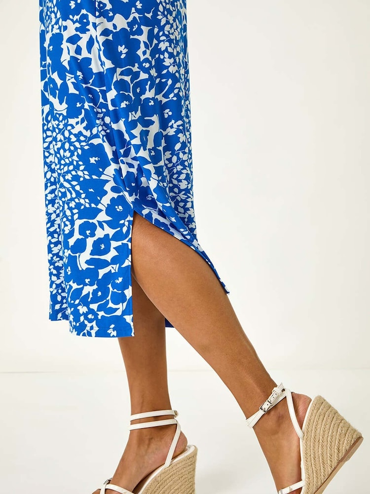 Roman Blue Floral Print V-Neck Stretch Midi Dress - Image 5 of 5