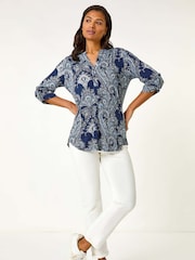 Roman Blue Paisley Print Shoulder Pleat Blouses - Image 2 of 5