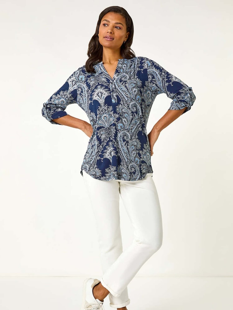 Roman Blue Paisley Print Shoulder Pleat Blouses - Image 2 of 5