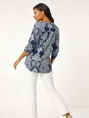 Roman Blue Paisley Print Shoulder Pleat Blouses - Image 3 of 5