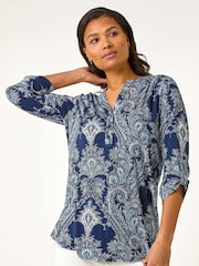 Roman Blue Paisley Print Shoulder Pleat Blouses - Image 4 of 5