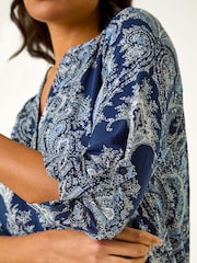 Roman Blue Paisley Print Shoulder Pleat Blouses - Image 5 of 5