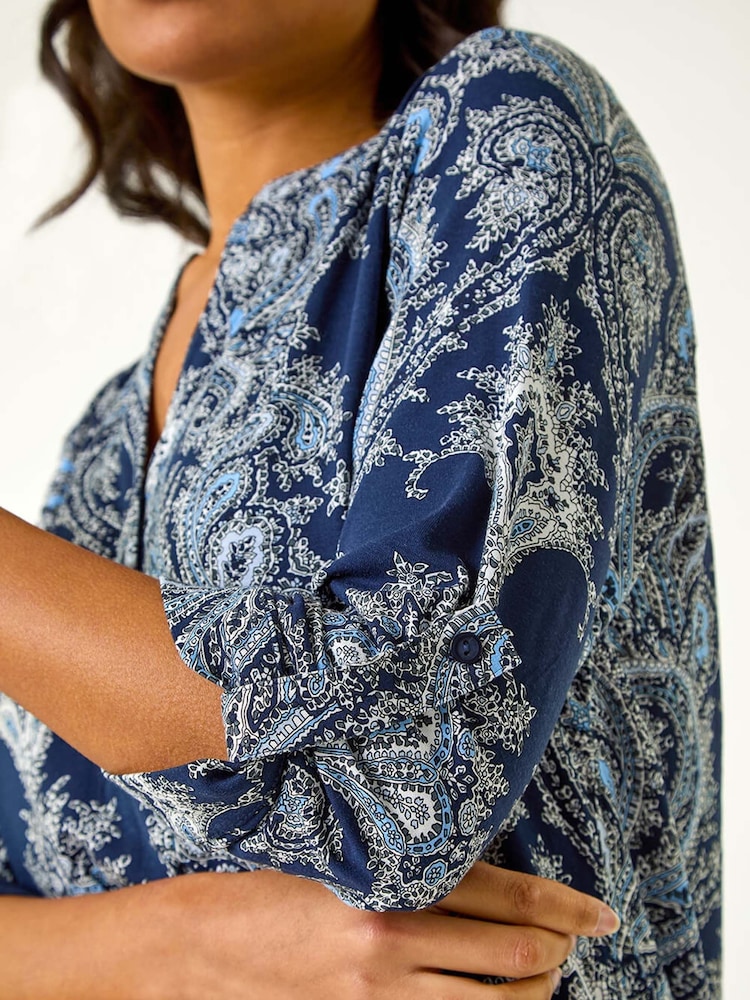 Roman Blue Paisley Print Shoulder Pleat Blouses - Image 5 of 5