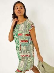 Roman Green Paisley Print Smock Style T-Shirt Dress - Image 1 of 5