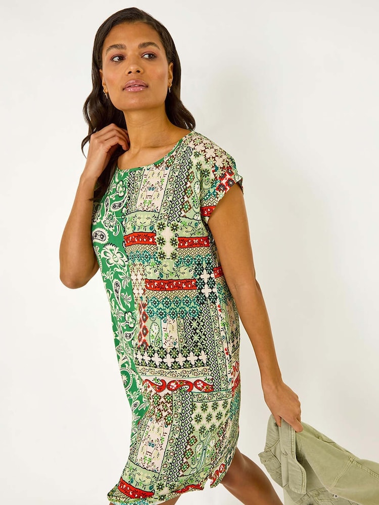 Roman Green Paisley Print Smock Style T-Shirt Dress - Image 1 of 5