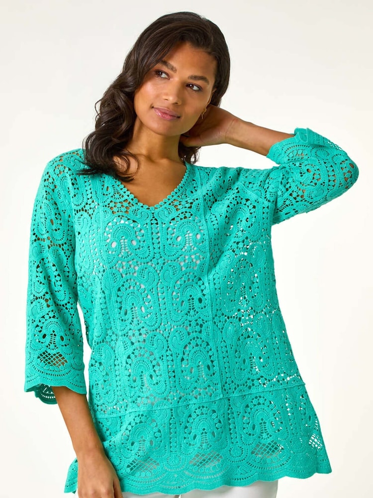 Roman Green Crochet 100% Cotton Tunic Top - Image 5 of 5