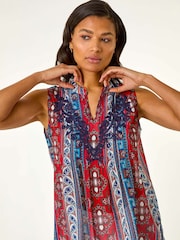 Roman Red Embroidered Abstract Print V-Neck Top - Image 1 of 5