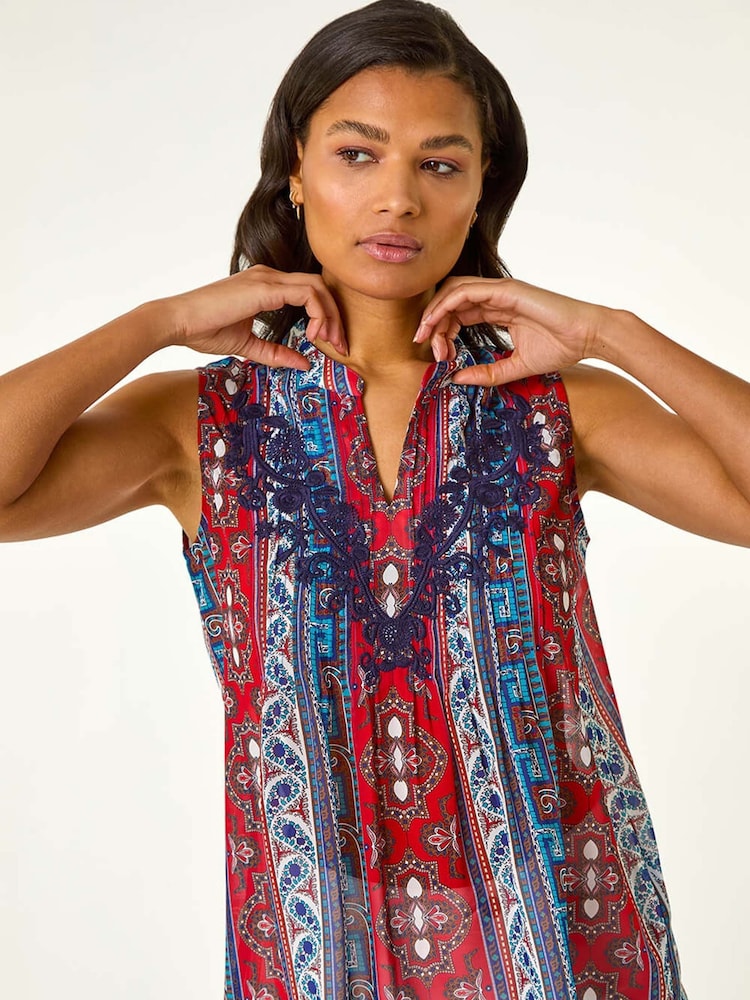Roman Red Embroidered Abstract Print V-Neck Top - Image 1 of 5