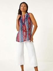 Roman Red Embroidered Abstract Print V-Neck Top - Image 2 of 5