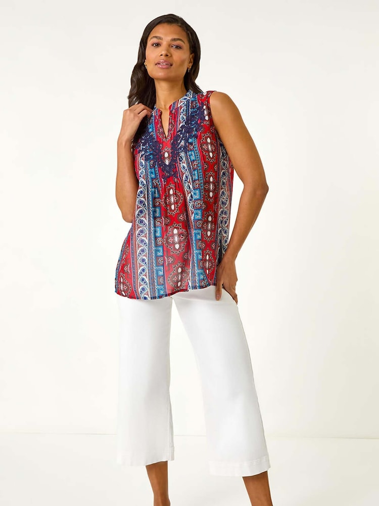 Roman Red Embroidered Abstract Print V-Neck Top - Image 2 of 5
