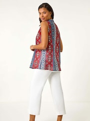 Roman Red Embroidered Abstract Print V-Neck Top - Image 3 of 5