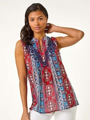 Roman Red Embroidered Abstract Print V-Neck Top - Image 4 of 5