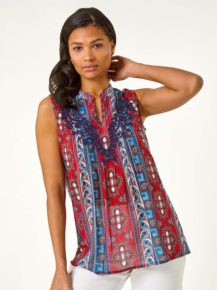 Roman Red Embroidered Abstract Print V-Neck Top - Image 4 of 5