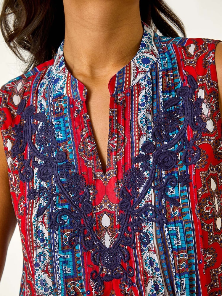 Roman Red Embroidered Abstract Print V-Neck Top - Image 5 of 5