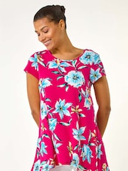 Roman Pink Floral Print Hanky Hem Stretch Tunic Top - Image 2 of 5