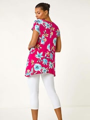 Roman Pink Floral Print Hanky Hem Stretch Tunic Top - Image 3 of 5