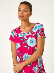 Roman Pink Floral Print Hanky Hem Stretch Tunic Top - Image 4 of 5