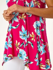 Roman Pink Floral Print Hanky Hem Stretch Tunic Top - Image 5 of 5