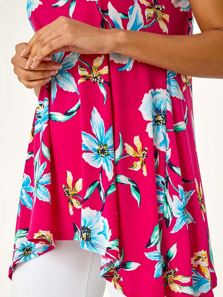 Roman Pink Floral Print Hanky Hem Stretch Tunic Top - Image 5 of 5